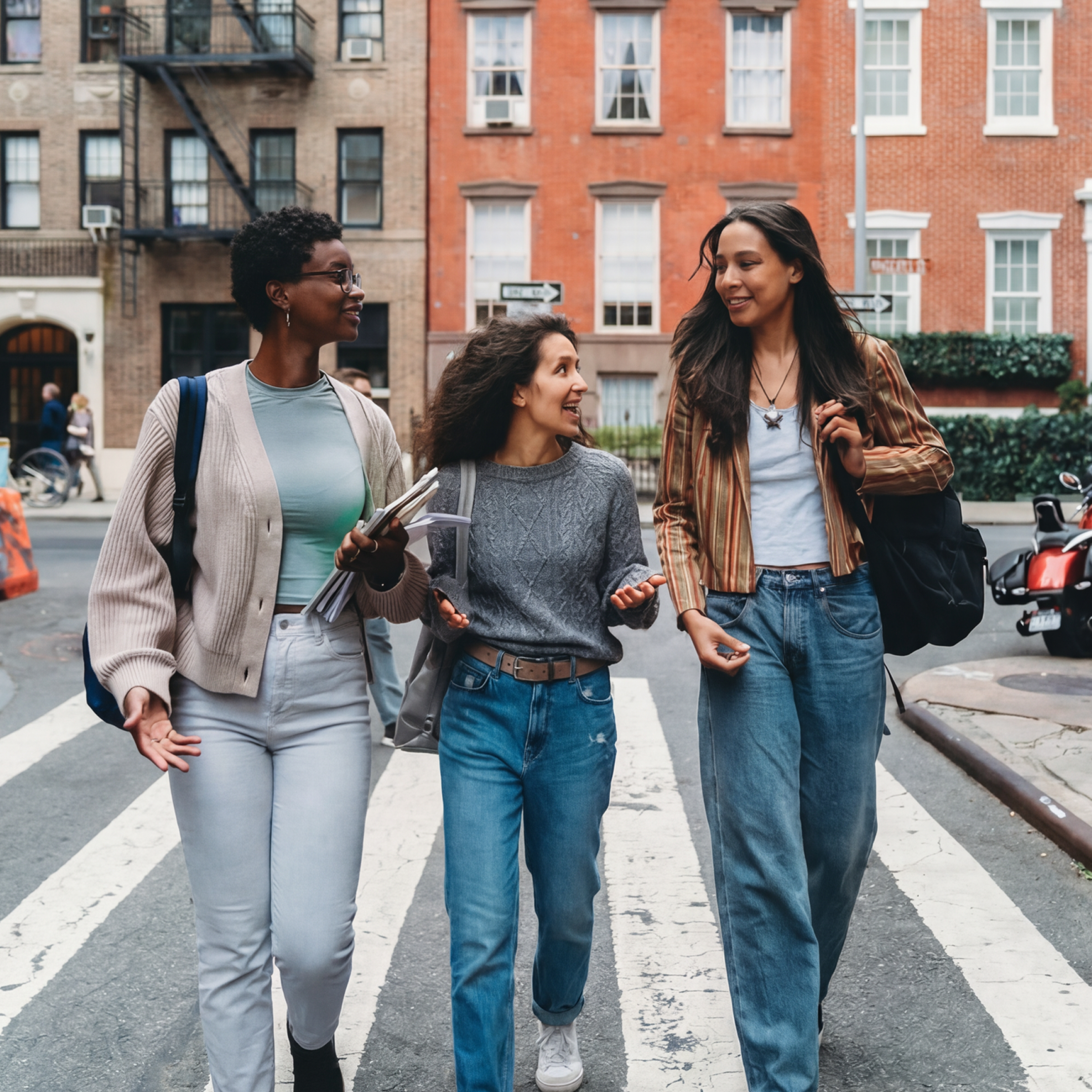 Three young women are walking together on a city crosswalk, smiling and talking. They are casually dressed and appear to be enjoying each other's company in an urban setting with brick buildings in the background.