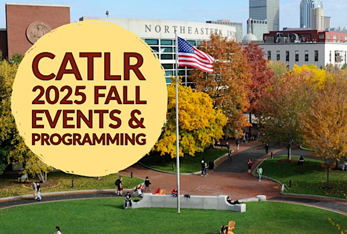 A college campus with autumn trees and an American flag in front of a building. Overlaid text reads: "CATLR 2025 Fall Events & Programming." Students walk and sit on paths and lawns.