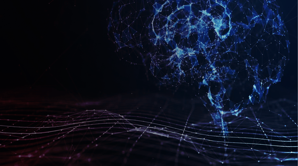A digital, abstract representation of a brain composed of interconnected blue and purple lines and nodes. The brain floats above a red and purple grid-like landscape, suggesting a futuristic or technological theme.